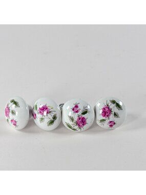 Vintage Ceramic Drawer Pulls White With Pink Rose Design Set Of 4